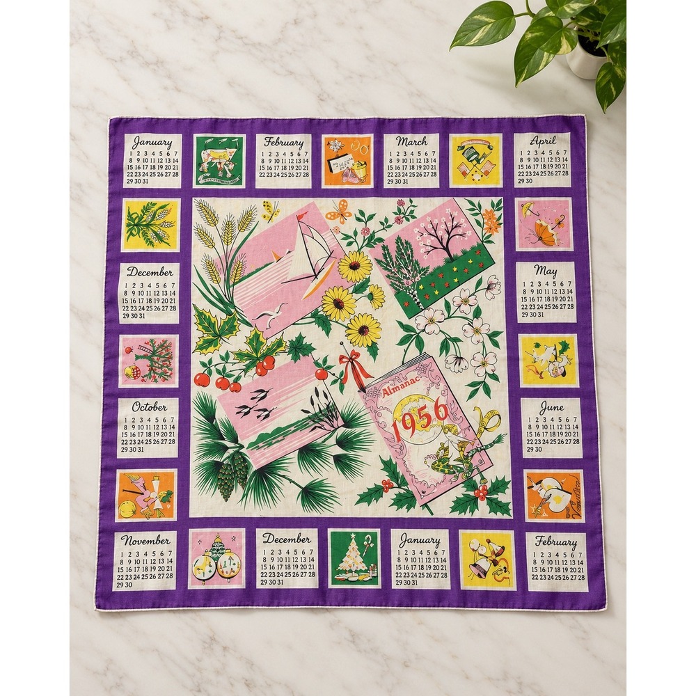 Vintage 1956 Calendar Scarf Purple Floral Almanac Silk Feel Whimsigoth Ephemera